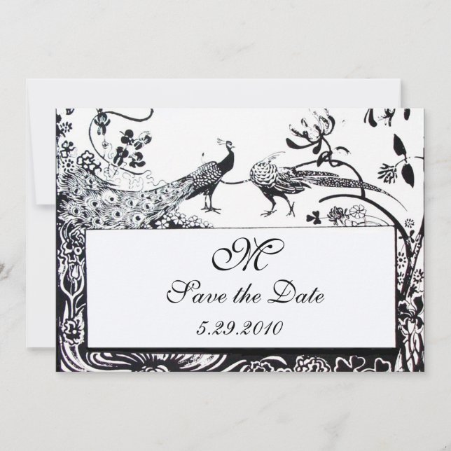 Invitación AMOR DE BODAS MONOGRAMA DE PÁJAROS, negro y blanco (Anverso)