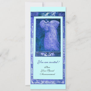Invitación AMOR DE BODAS MONOGRAMA DE PAVO REAL ,azul blanco