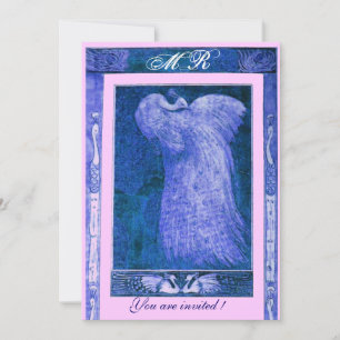 Invitación AMOR DE BODAS MONOGRAMA DE PAVO REAL ,azul blanco