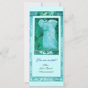 Invitación AMOR DE BODAS MONOGRAMA DE PAVO REAL ,azul blanco