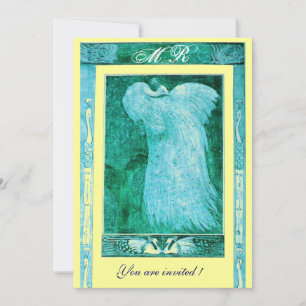 Invitación AMOR DE BODAS MONOGRAMA DE PAVO REAL ,azul blanco 