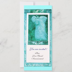 Invitación AMOR DE BODAS MONOGRAMA DE PAVO REAL ,azul blanco