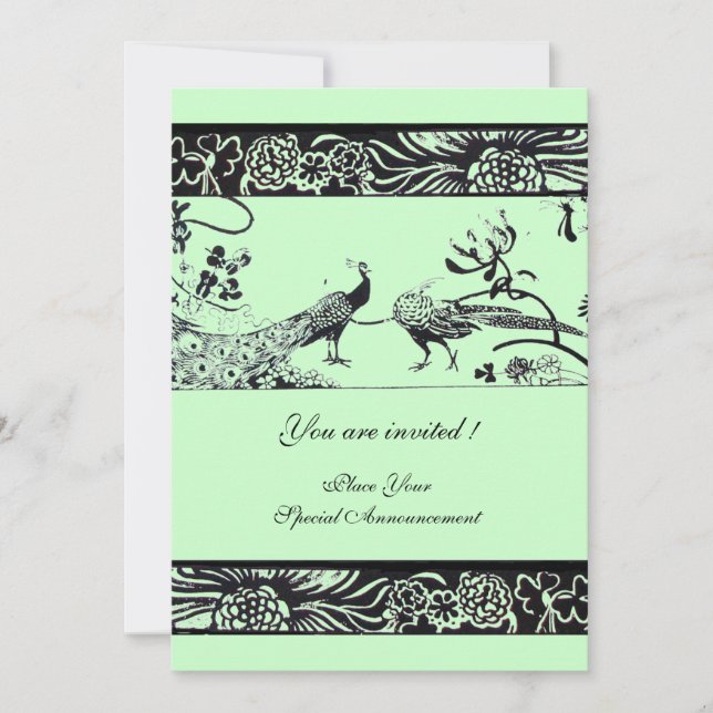 Invitación AMOR DE BODAS PÁJAROS , negro y blanco verde (Anverso)