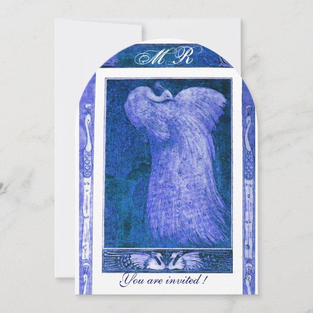 Invitación AMOR DE BODAS PAVO REAL MONOGRAMA Azul Blanco (Anverso)