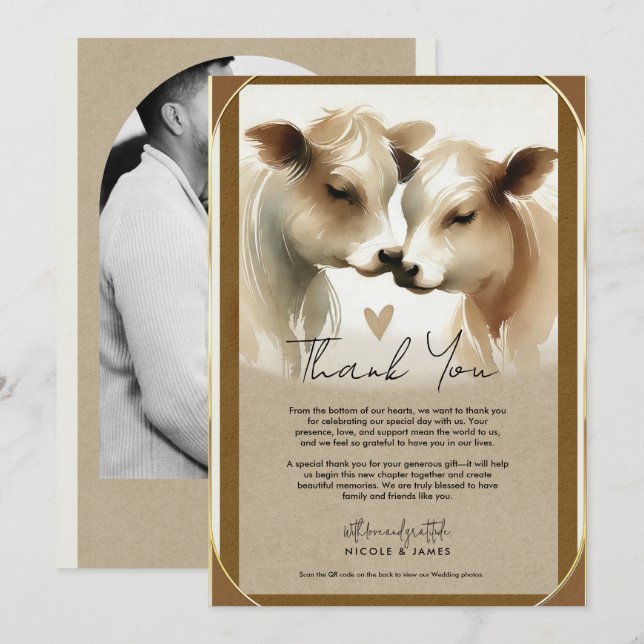 Invitación Amor de Vaca Marrón Crema Boda de Campo Gracias (Anverso / Reverso)