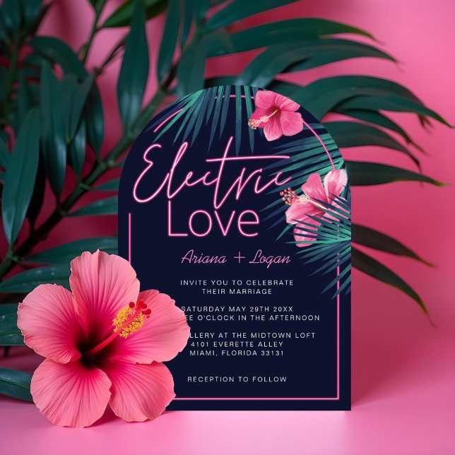 Invitación Amor eléctrico Neón Boda Retro Tropical Rosa (Electric Love Neon Pink Tropical Retro Wedding Invitation)