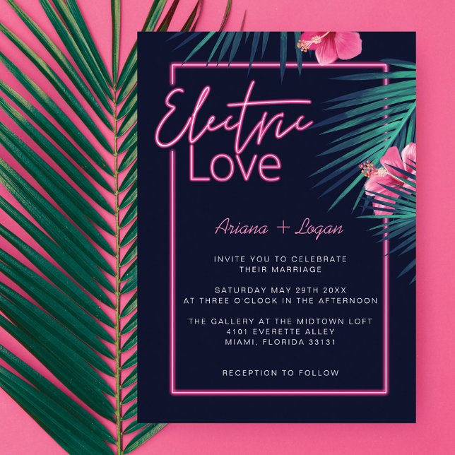Invitación Amor eléctrico Neón Boda Retro Tropical Rosa (Electric Love Neon Pink Tropical Retro Wedding Invitation)