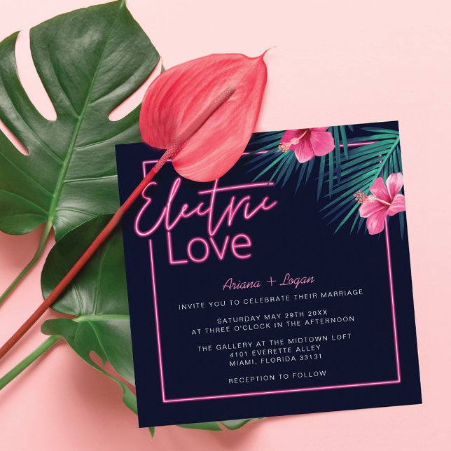 Invitación Amor eléctrico Neón Boda Retro Tropical Rosa (Electric Love Neon Pink Tropical Retro Wedding Invitation)