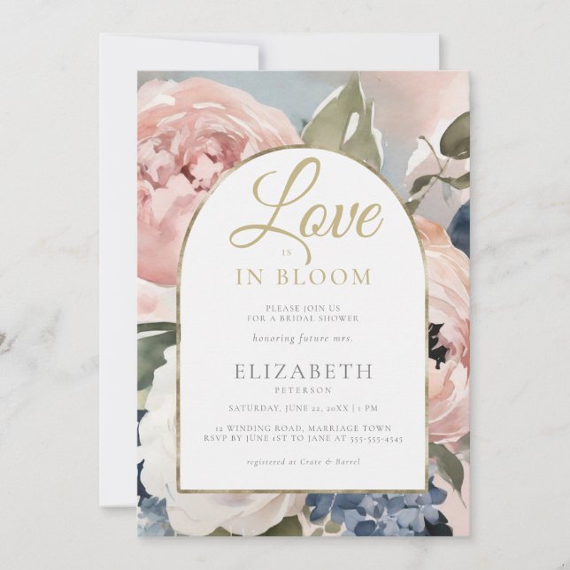Invitación Amor en Bloom Peony Gold Boho Arch Bridal Shower (Anverso)