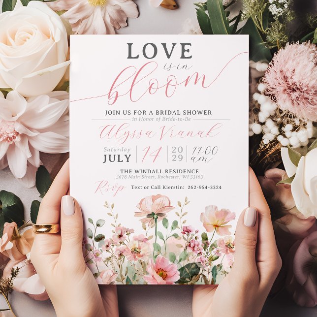 Invitación Amor En Bloom Pink Wildflower Garden Ducha De Novi (Love is in boom elegant cute pink floral wildflower bridal shower invitation, blush, green, blooming)