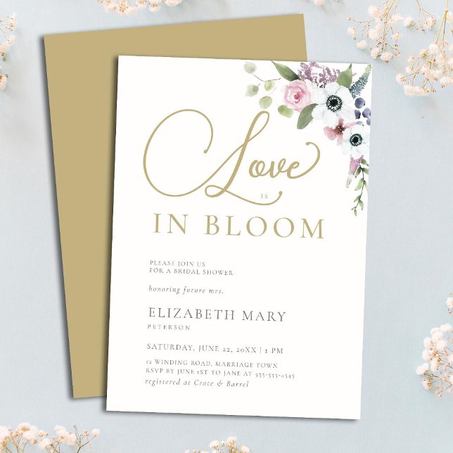 Invitación Amor en flor Anemones Floral Gold Bridal Shower (Subido por el creador)