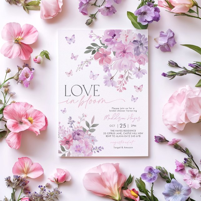 Invitación Amor en flor Floral Morada mariposa novia (Love in Bloom | Pink purple flowers and butterflies Bridal Shower Invitation
)