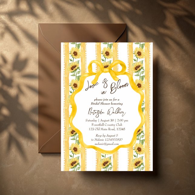 Invitación Amor en flor girasoles despojados ducha de novia (Love in bloom sunflowers grandmillenial retro wavy border yellow stripes bridal shower invitation)