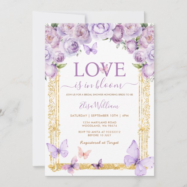 Invitación Amor en flor mariposa floral ducha de novias (Anverso)