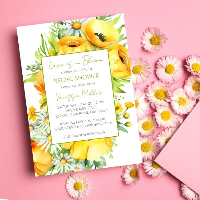 Invitación Amor en flor primavera verano planilla de ducha de (Love in bloom spring summer flower bridal shower template invitation digital download wild daisy)