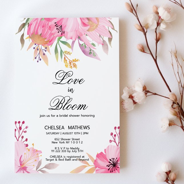Invitación Amor en flor rosa botánico en flor Bridal Shower (Love In Bloom botanic pink flowers Bridal Shower)