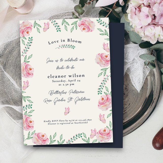 Invitación Amor en flor rosa rosa rosa mariposas novia ducha (Love in Bloom Bridal Shower invitation with pretty pink roses and butterflies)