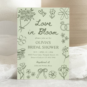 Invitación Amor en Flor Verde Salvia Dibujado a Mano Desayuno