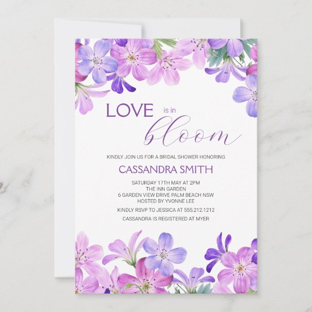Invitación Amor en flor violeta Geranium en ducha de novias (Anverso)