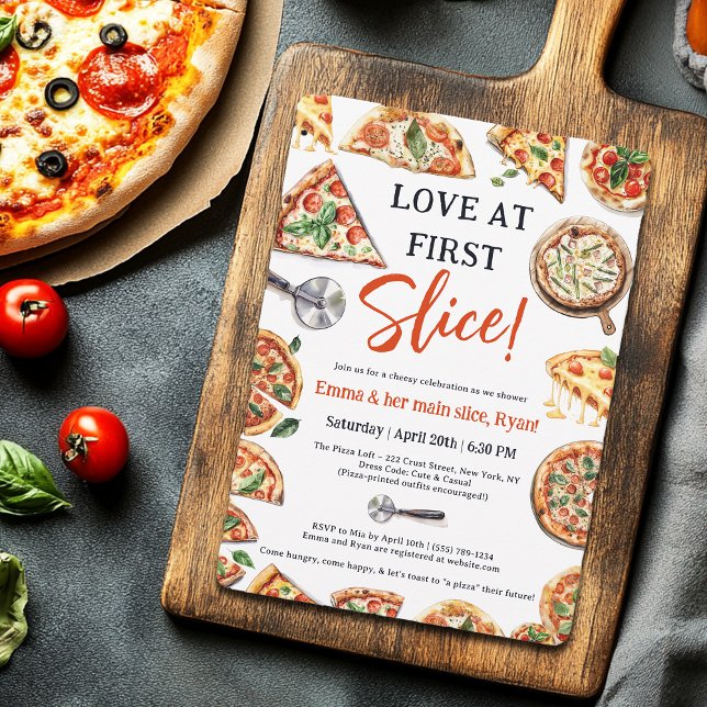 Invitación Amor en la ducha de las parejas de novias de la pr (Love at First Slice Pizza Bridal Couples Shower Invitation)