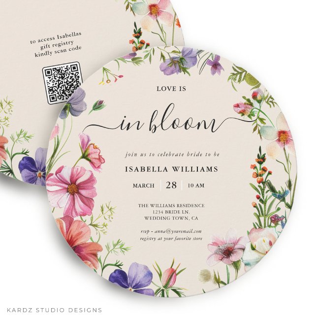 Invitación Amor en la ducha de novias de primavera en flor (This Bridal Shower Invitation is shown in round size 5.25 inches. Other sizes and digital available.)