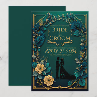 Invitación Amor encantador: Verde Esmeralda y oro