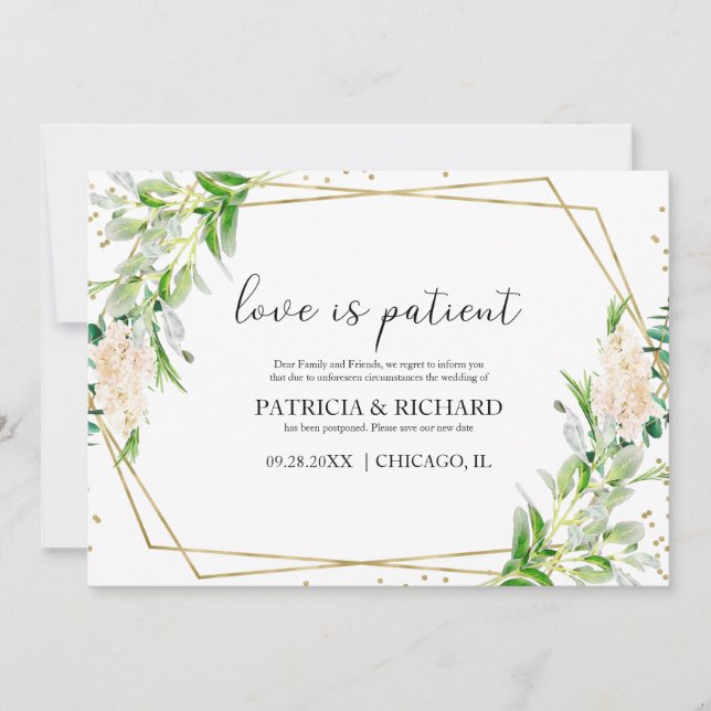 Invitación Amor Es Paciente Boda de Verde Nueva Fecha (Anverso)