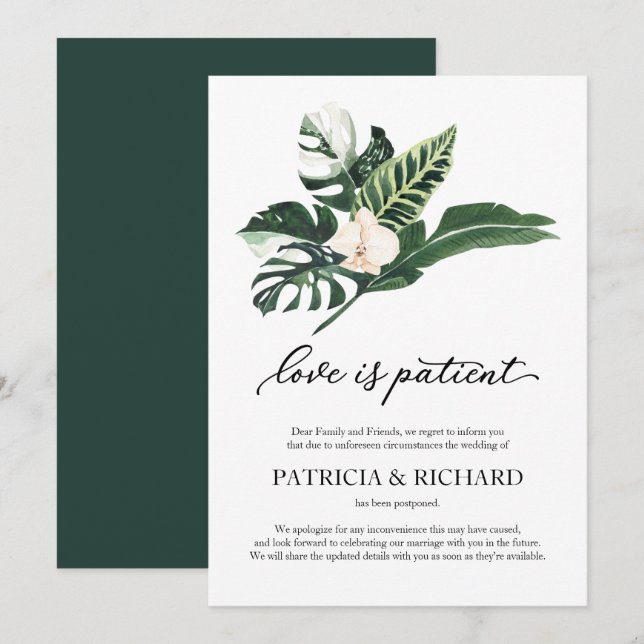 Invitación Amor Es Paciente Postponement De Boda Tropical (Anverso / Reverso)