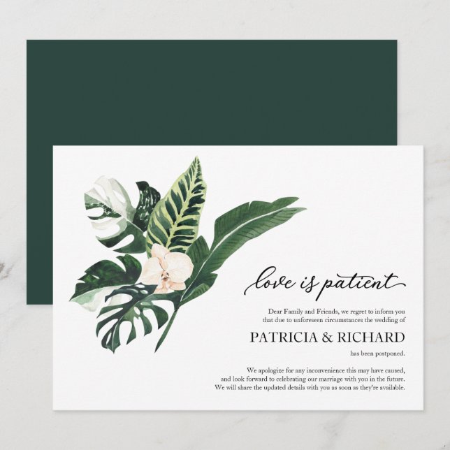 Invitación Amor Es Paciente Postponement De Boda Tropical (Anverso / Reverso)