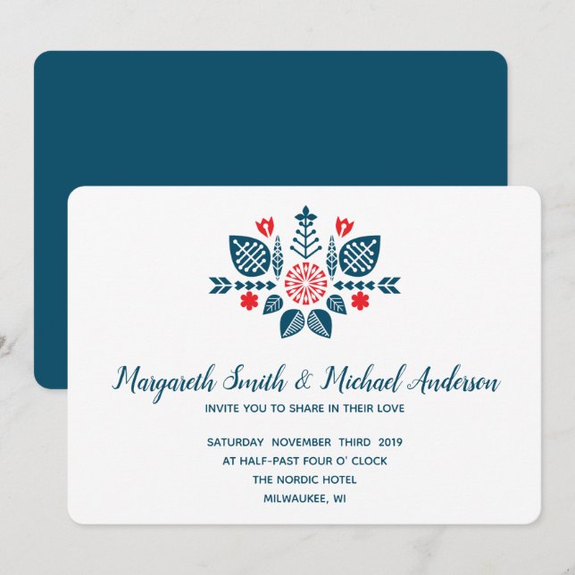 Invitación Amor escandinavo en rojo y azul | BODA (Anverso / Reverso)