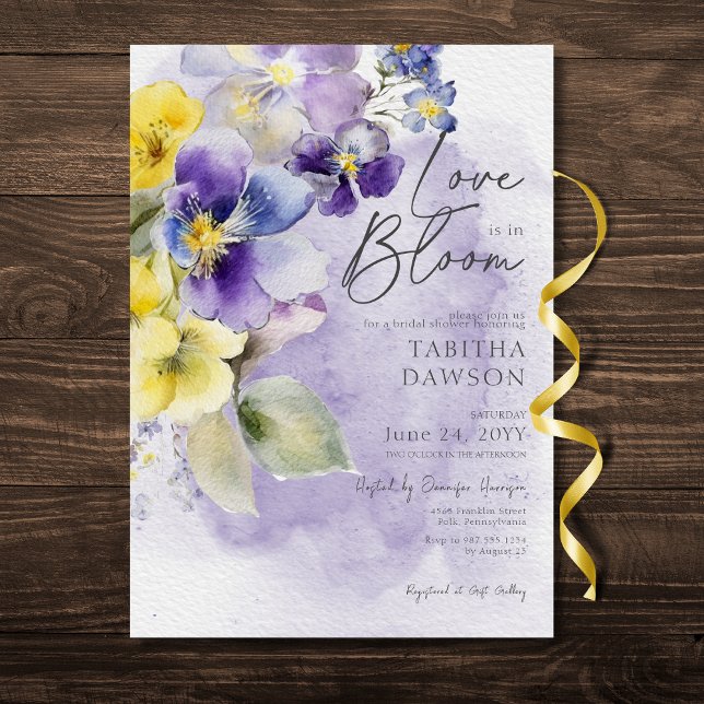 Invitación Amor Floral Amarillo Púrpura En Una Ducha Moderna  (Purple Yellow Floral Love In Bloom Modern Shower Invitation)