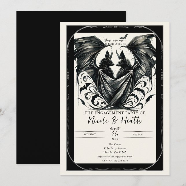 Invitación Amor Gótico Murciélagos Negro Crema Plata Compromi (Anverso / Reverso)