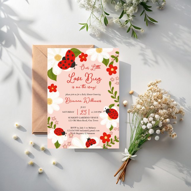 Invitación Amor insecto lindo ladybug bebé ducha caprichosa (Love bug cute ladybug daisies summer garden pink girls baby shower whimsical invitation template)
