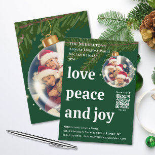 Invitación Amor Paz Alegría QR Foto Verde Fiesta de Navidad