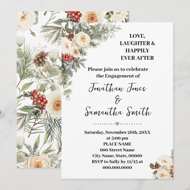 Invitación Amor Risa Felizmente Compromiso Floral de Invierno (Anverso / Reverso)