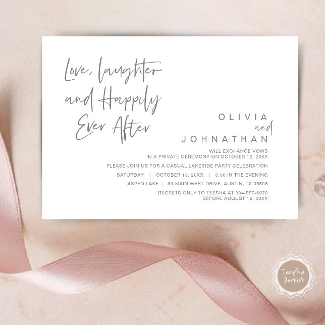 Invitación Amor, Risa y Felices para siempre, Fuga I (Love, Laughter and Happily ever after, Modern Wedding Elopement Invitation Card, PDF, in Dark Grey)