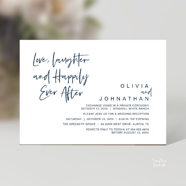 Invitación Amor, Risa y Felices para Siempre, Moderno (Love, Laughter and Happily Ever After, Modern Boho Wedding Invites Card PDF Navy Blue)