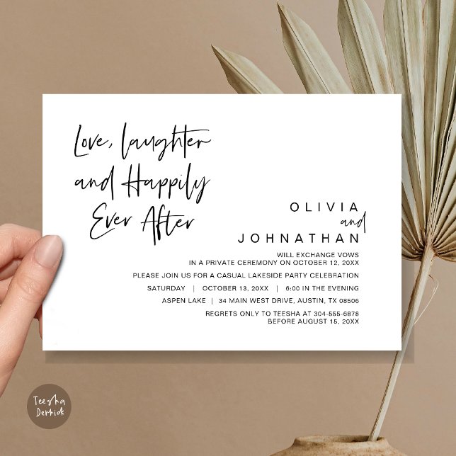 Invitación Amor, risa y felicidad para siempre, fuga (Love, Laughter and Happily ever after, Modern Wedding Elopement Invitation Card, PDF, in Black)