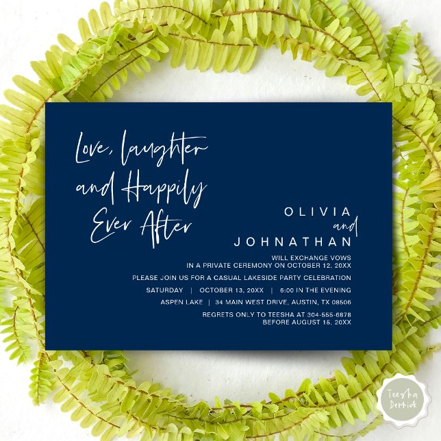 Invitación Amor, risa y feliz para siempre, fuga II (Love, Laughter and Happily ever after, Modern Wedding Elopement Invitation Card, PDF, in Navy Blue)