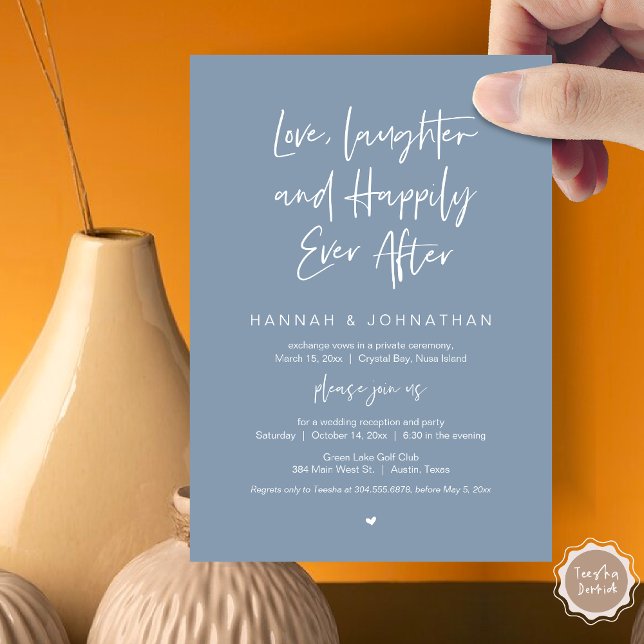Invitación Amor, risas, negro, Fiesta de Elopement Boda (Love Laughter Happily Ever After Wedding Elopement Dinner Party Invitation Card, PDF, Dusty Blue)