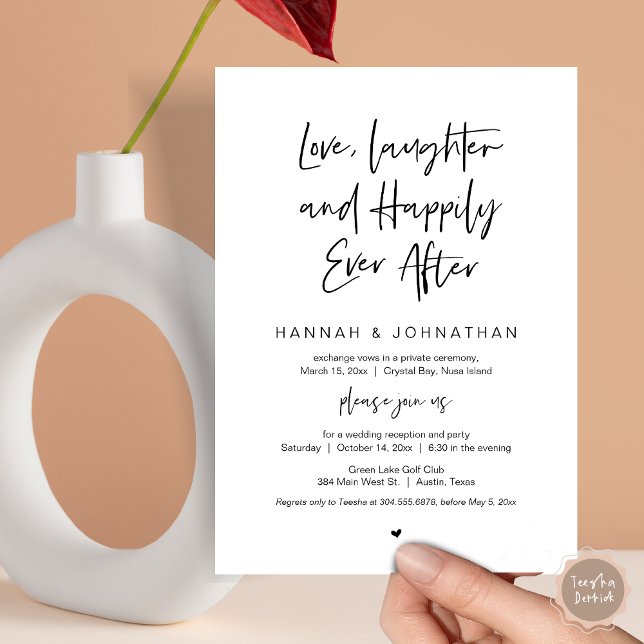 Invitación Amor, risas, negro, Fiesta de Elopement Boda (Love Laughter Happily Ever After Wedding Elopement Dinner Party Invitation Card, PDF, White Black)