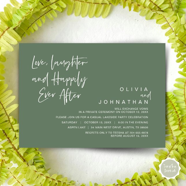 Invitación Amor, risas y felicidad después, Elopement I (Love, Laughter and Happily Ever After, Wedding Elopement Dinner Invitation Card, in Sage Green)
