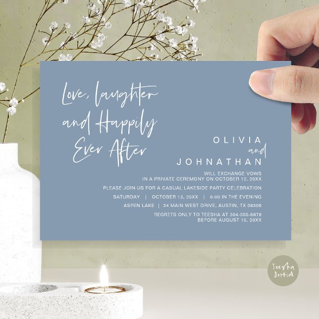 Invitación Amor, risas y felicidad después, Elopement I (Love, Laughter and Happily Ever After, Wedding Elopement Dinner Invitation Card, in Dusty Blue)