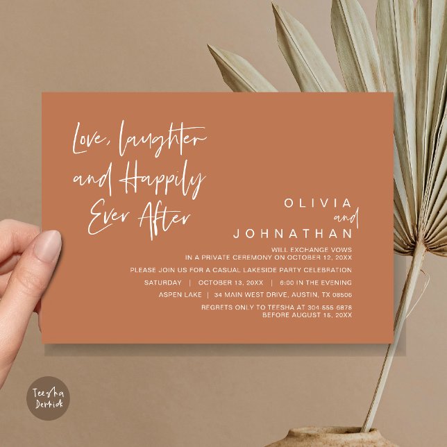 Invitación Amor, risas y felicidad después, Elopement I (Love, Laughter and Happily Ever After, Wedding Elopement Dinner Invitation Card, in Copper Brown)