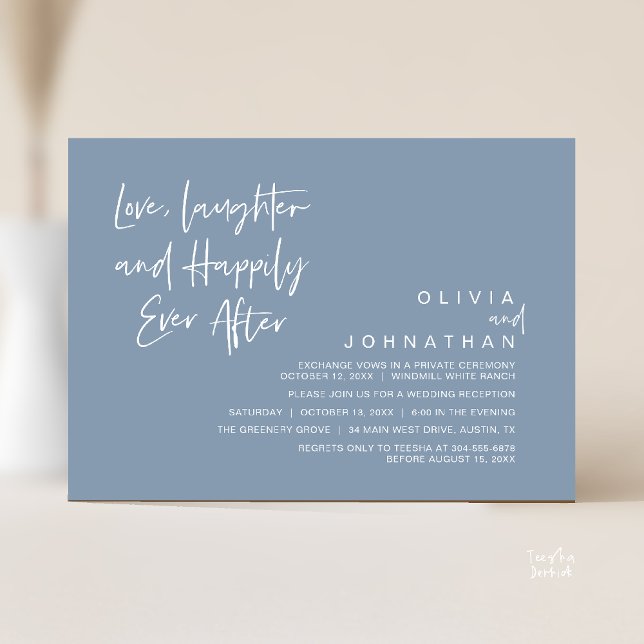 Invitación Amor, risas y felicidad siempre después, moderno (Love, Laughter and Happily Ever After, Modern Boho Wedding Invitation Card PDF Dusty Blue)