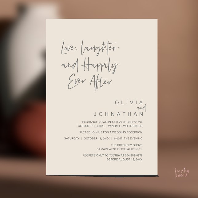 Invitación Amor, risas y felicidad siempre después, moderno (Love, Laughter and Happily Ever After, Modern Boho Wedding Invitation Card PDF Cream Grey)