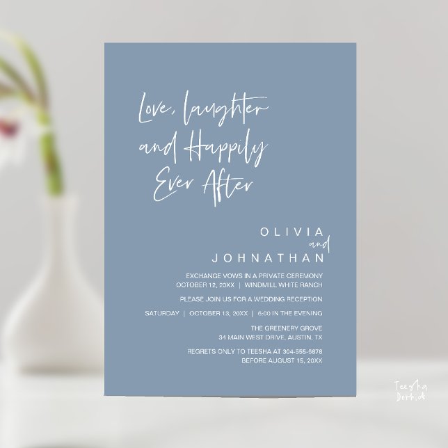 Invitación Amor, risas y felicidad siempre después, moderno (Love, Laughter and Happily Ever After, Modern Boho Wedding Invitation Card PDF Dusty Blue)