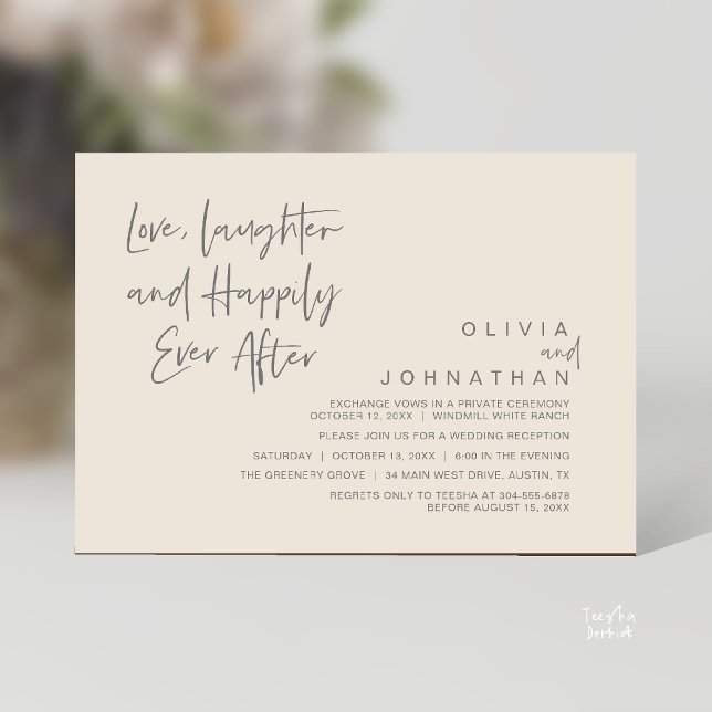 Invitación Amor, risas y felicidad siempre después, moderno (Love, Laughter and Happily Ever After, Modern Boho Wedding Invitation Card PDF Cream Grey)