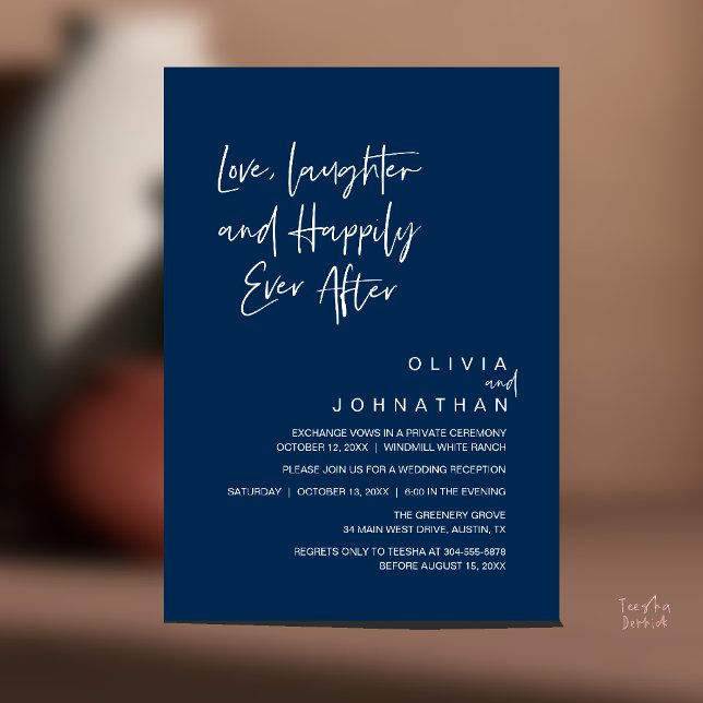 Invitación Amor, risas y felicidad siempre después, moderno (Love, Laughter and Happily Ever After, Modern Boho Wedding Invites Card PDF Navy Blue)