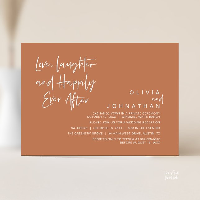 Invitación Amor, risas y felicidad siempre después, moderno (Love, Laughter and Happily Ever After, Modern Boho Wedding Invites Card PDF Brown Copper Terracotta)